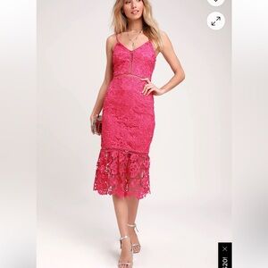 Lulus Taliah Hot Pink Lace Midi Dress LARGE